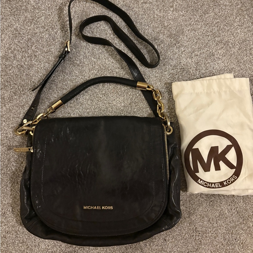 Michael Kors Black Leather Shoulder Bag with Gold Accents